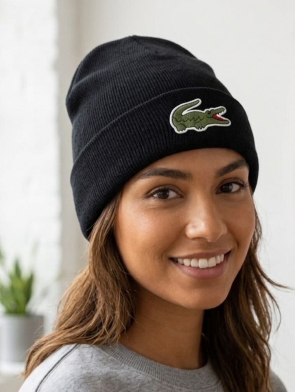 Lacoste Black Ribbed Knit Cuffed Beanie Hat Gorpcore Sporty